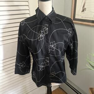 Vintage ELLIOT LAUREN Shirt Womens 8 Black Embroidered Button Down Preppy Office